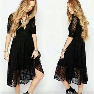 Free People Mountain Laurel Black Lace V Neck Midi Dress Size 0